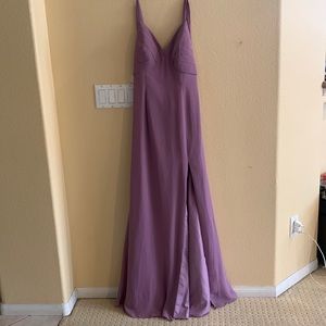 Azazie bridesmaid dress in style ‘Hailey’ and color ‘Wisteria,’ linked below.